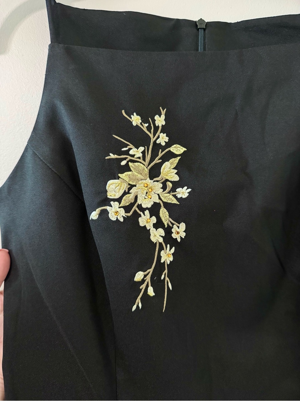 Black Spaghetti Strap Dress with Gold Floral Embroidery - Picture 4 of 5